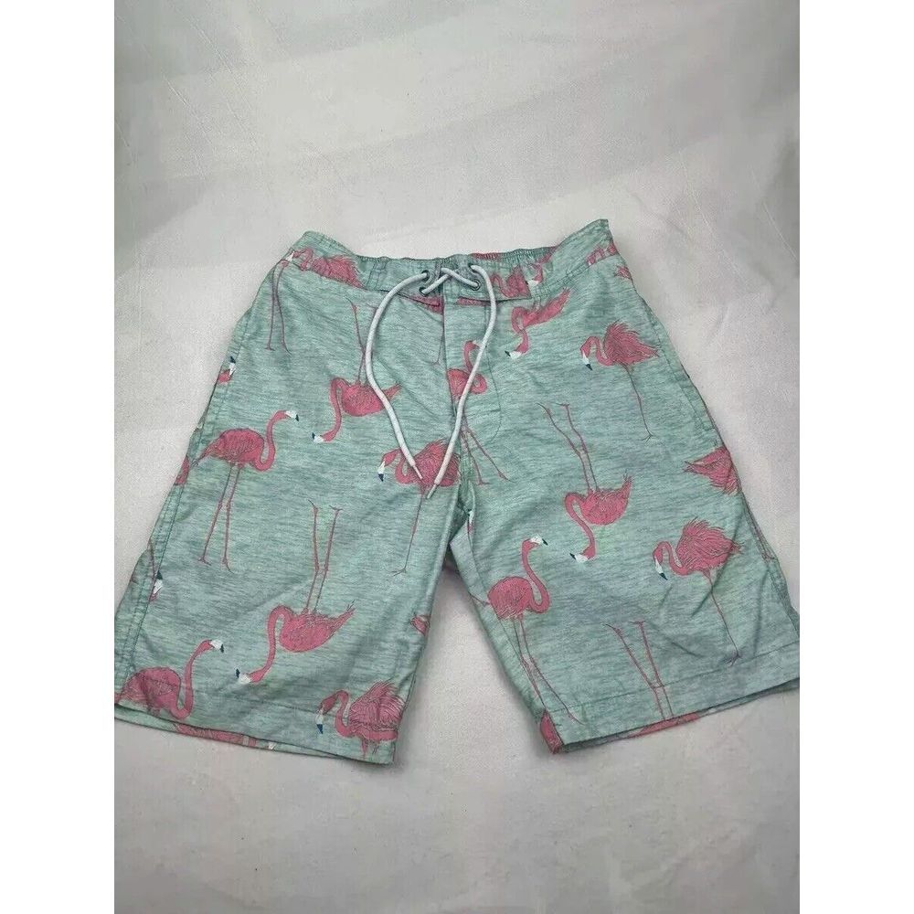 St Johns Bay Mens Lined Mint Pink Flamingos Drawstring Swim Trunks Size S